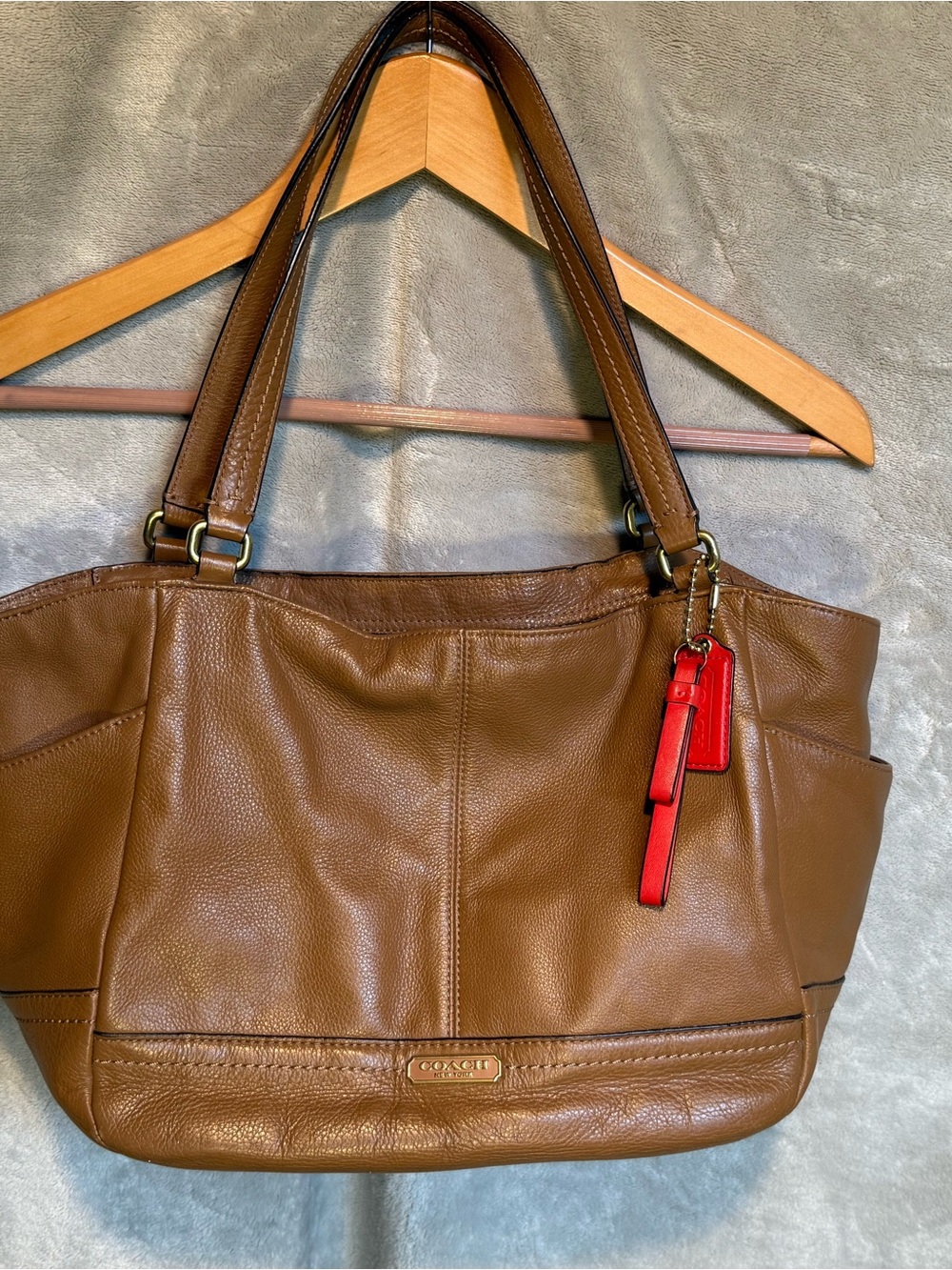 Coach Brown Leather Shoulder Tote with Red Charm